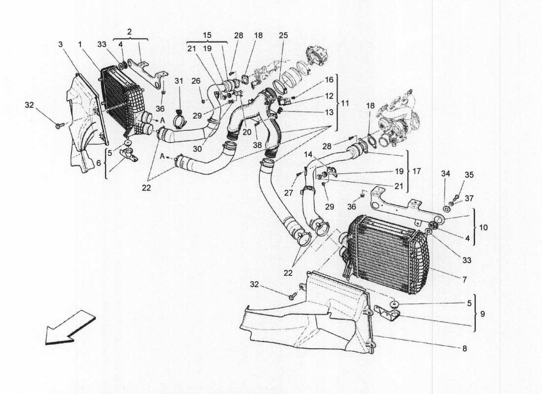 maserati qtp. v6 3.0 bt 410bhp 2wd 2017 schema delle parti del sistema intercooler