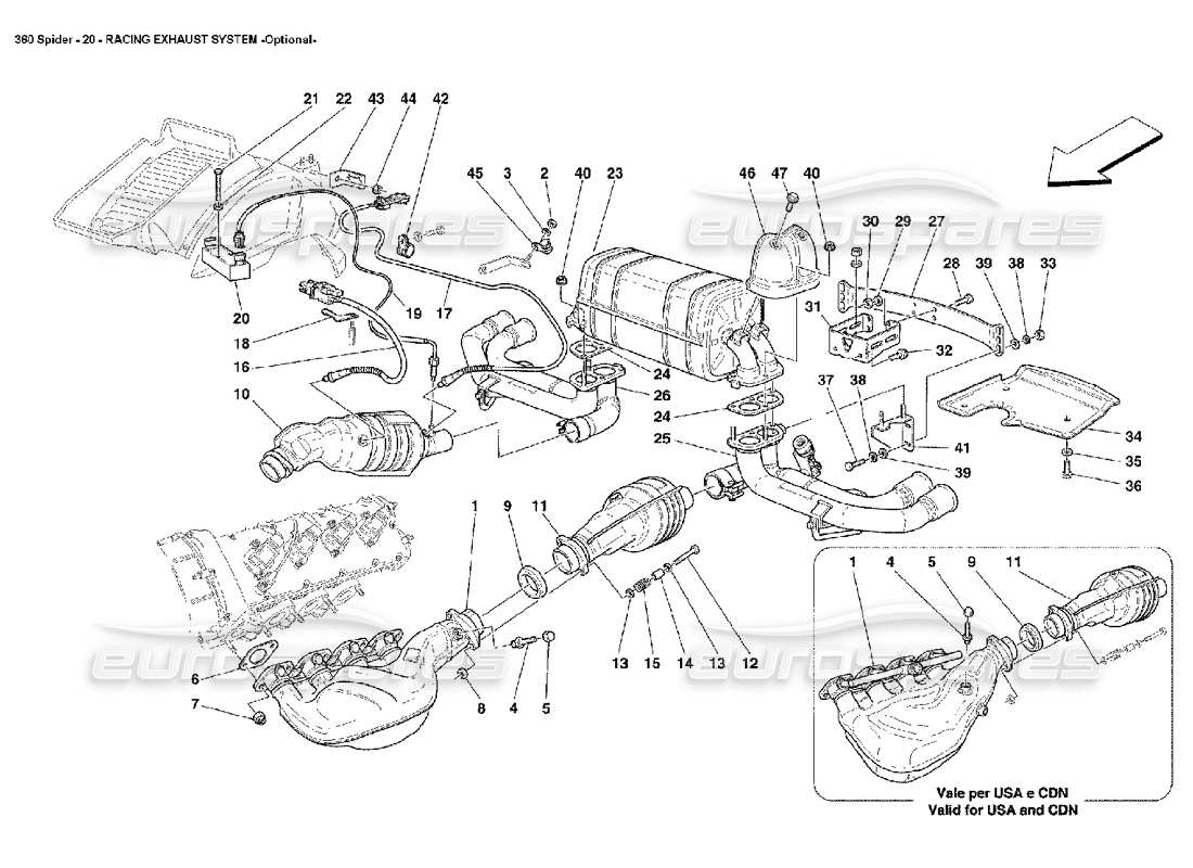 ferrari 360 spider impianto di scarico da corsa diagramma delle parti