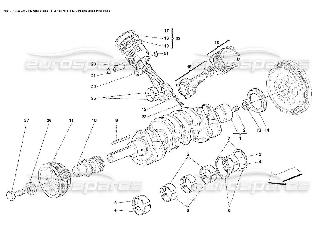 ferrari 360 spider schema delle parti di albero motore, bielle e pistoni