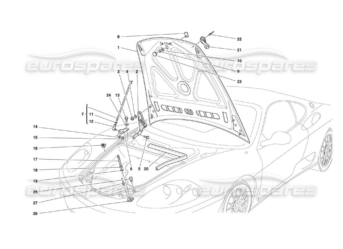 ferrari 360 challenge (2000) schema delle parti del cofano anteriore e del dispositivo di apertura