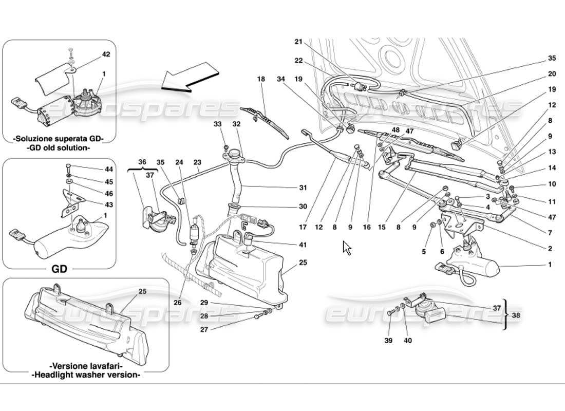 ferrari 360 modena parabrezza, rondella e clacson diagramma delle parti