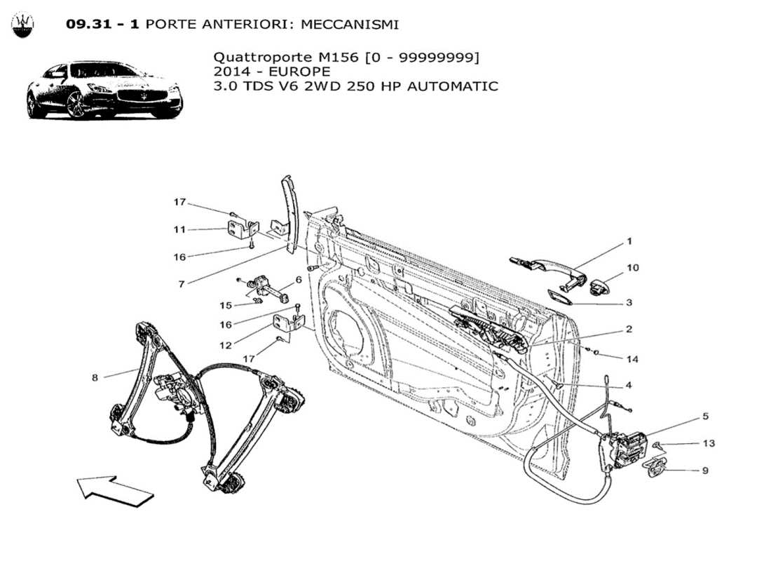 maserati qtp. v6 3.0 tds 250bhp 2014 porte anteriori: diagramma delle parti dei meccanismi