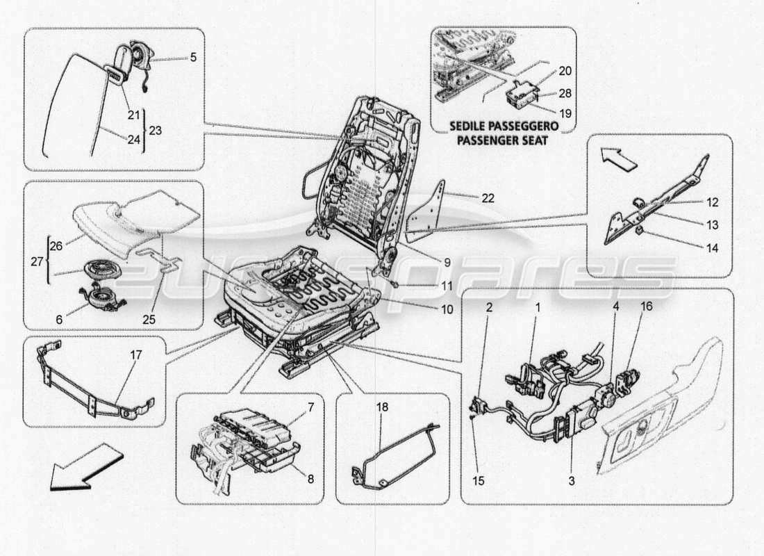 maserati qtp. v8 3.8 530bhp 2014 auto sedili anteriori: diagramma delle parti meccaniche ed elettroniche