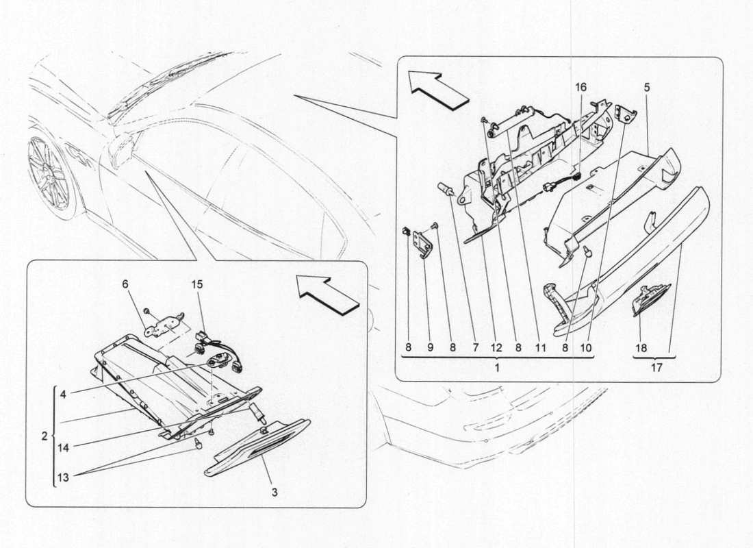 maserati qtp. v6 3.0 bt 410bhp 2015 vano portaoggetti sul cruscotto diagramma delle parti