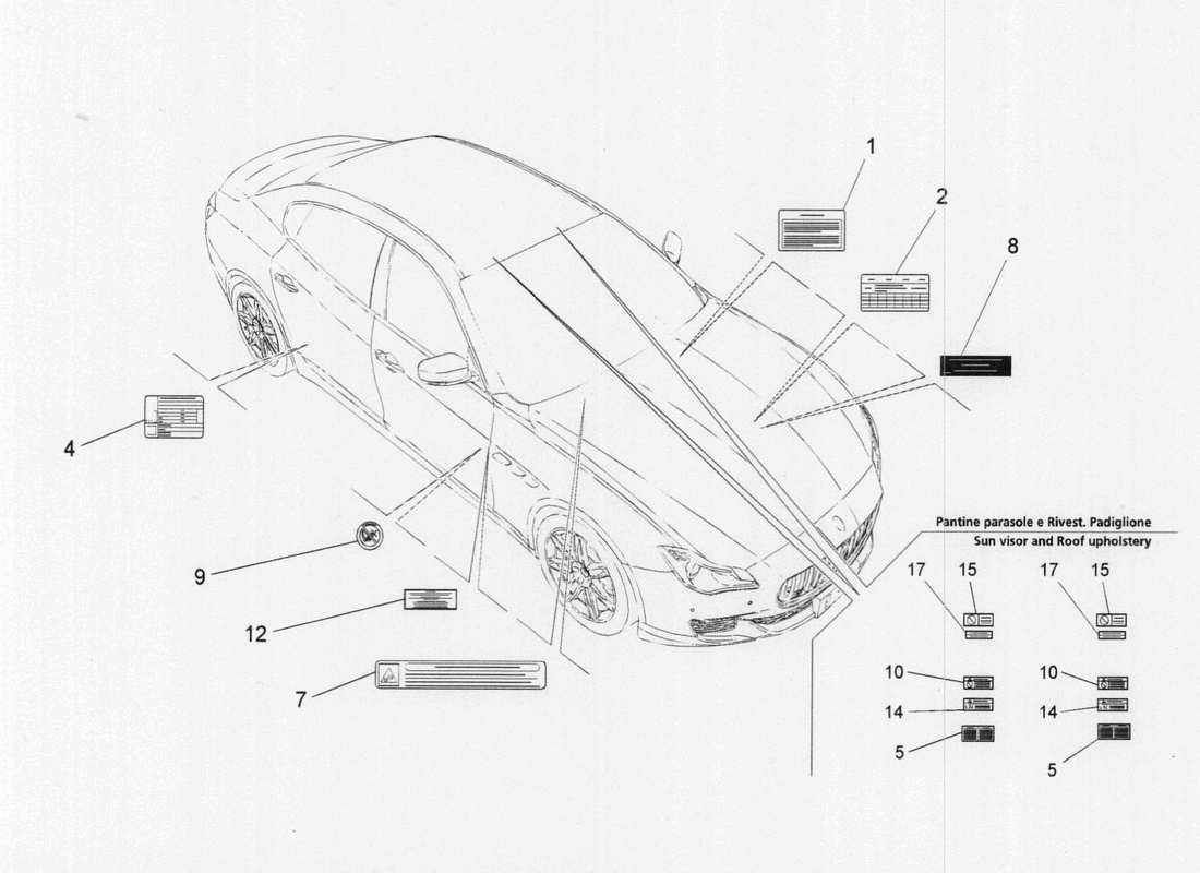 maserati qtp. v6 3.0 tds 275bhp 2017 diagramma delle parti di adesivi ed etichette