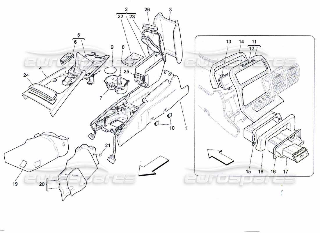 maserati qtp. (2010) 4.7 schema delle parti della console accessoria e della console centrale