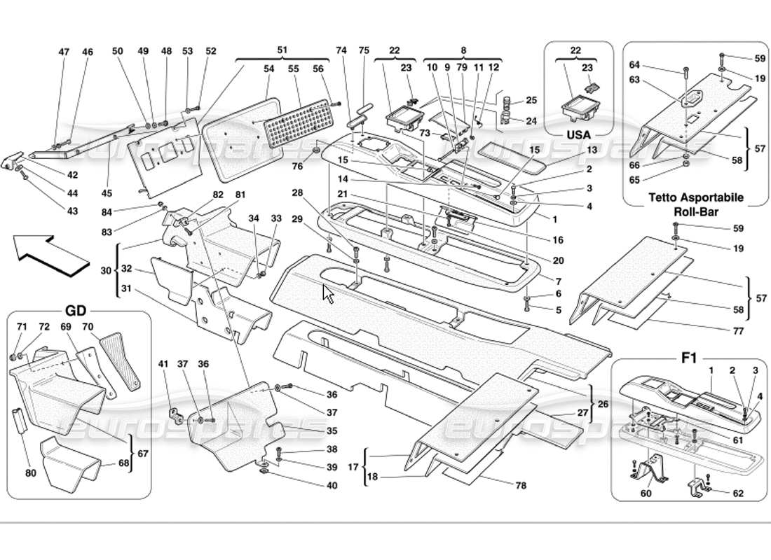 ferrari 360 modena diagramma delle parti della struttura del tunnel e degli accessori
