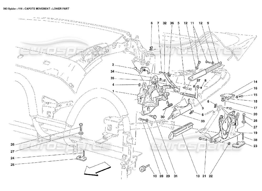 ferrari 360 spider movimento della capote: diagramma della parte inferiore