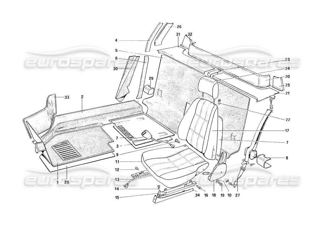 ferrari 328 (1985) rivestimenti interni, accessori e sedili diagramma delle parti