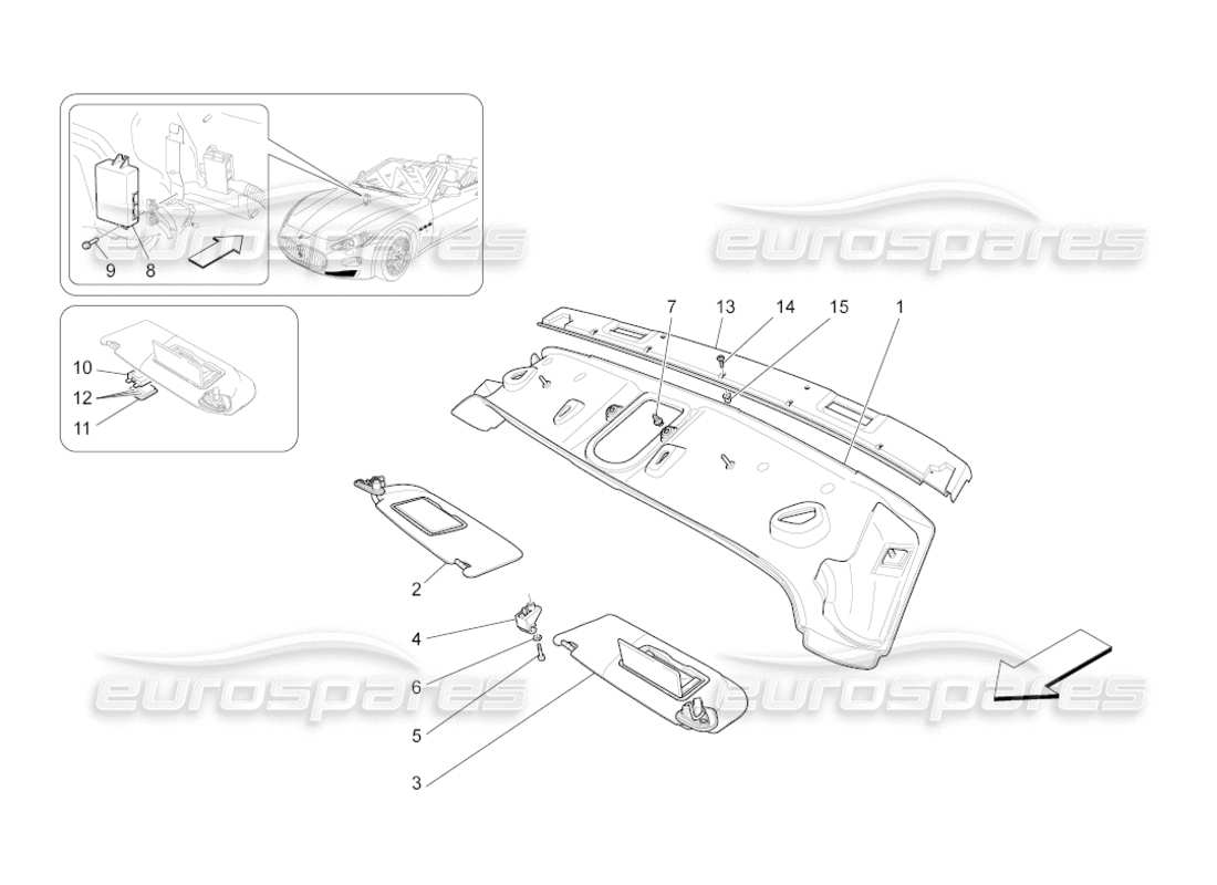 maserati grancabrio (2011) 4.7 tetto e visiere parasole diagramma delle parti