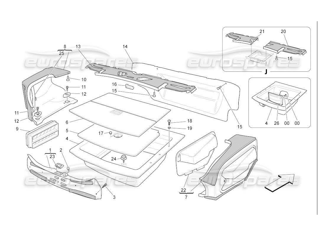 maserati qtp. (2007) 4.2 auto diagramma delle parti dei tappetini del vano bagagli