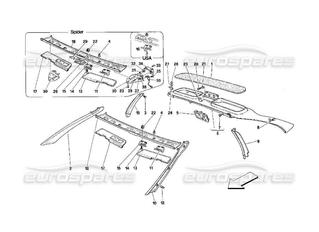ferrari 348 (2.7 motronic) diagramma delle parti delle finiture del tetto