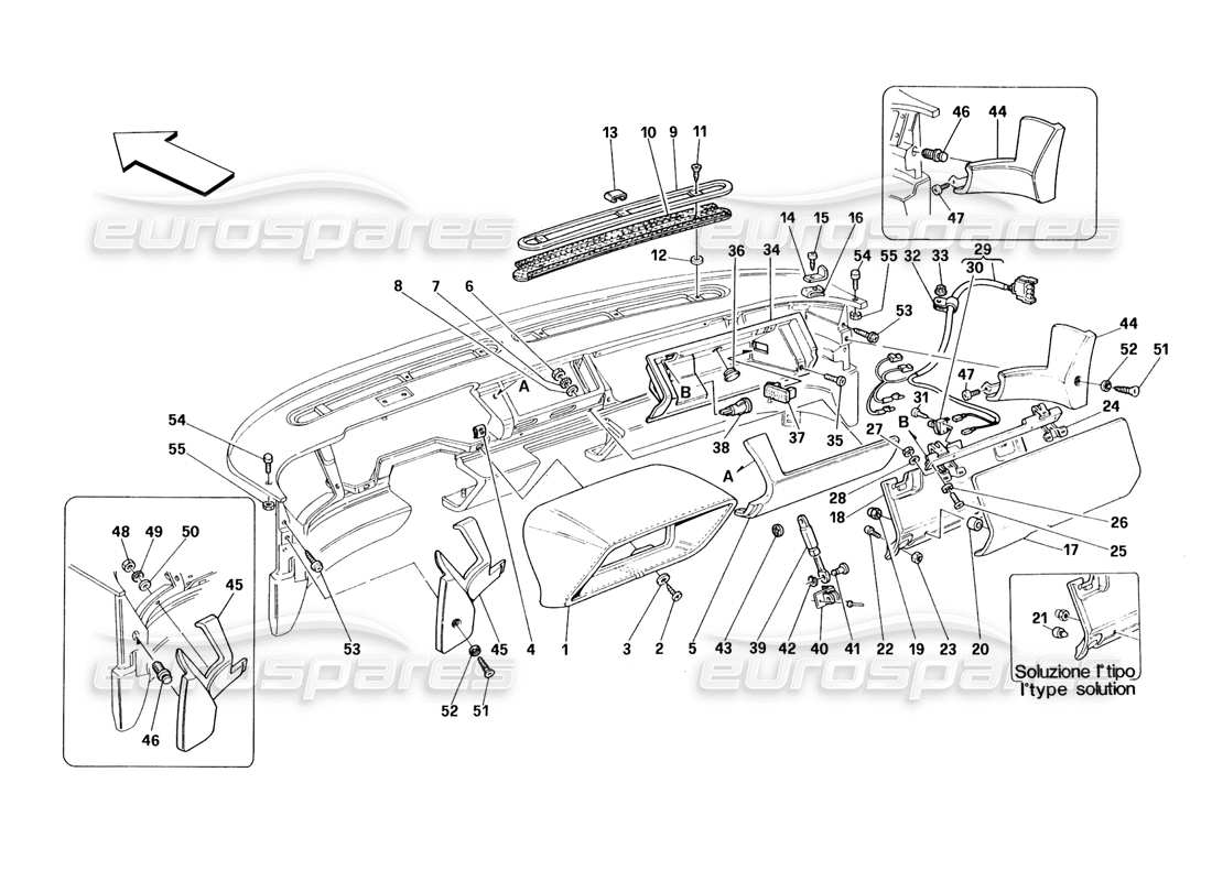 ferrari 348 (1993) tb / ts cruscotto: diagramma delle parti di finiture e accessori