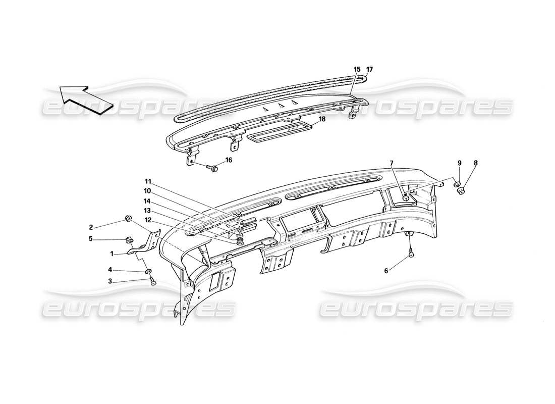 ferrari 348 (1993) tb / ts dashboard - diagramma delle parti della struttura e dei supporti