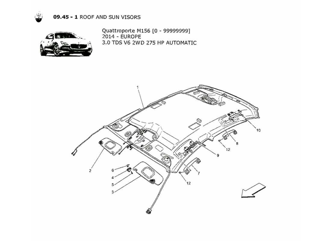 maserati qtp. v6 3.0 tds 275bhp 2014 diagramma delle parti del tetto e delle alette parasole