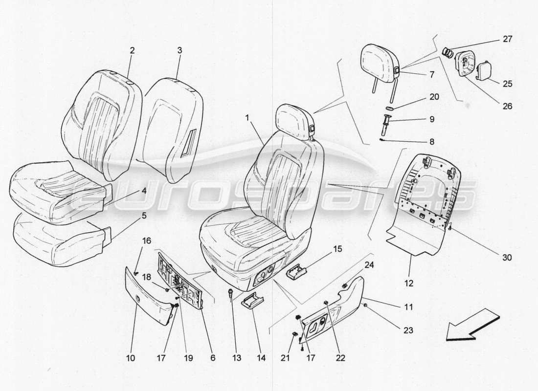 maserati qtp. v8 3.8 530bhp 2014 auto sedili anteriori: schema delle parti dei pannelli di rivestimento