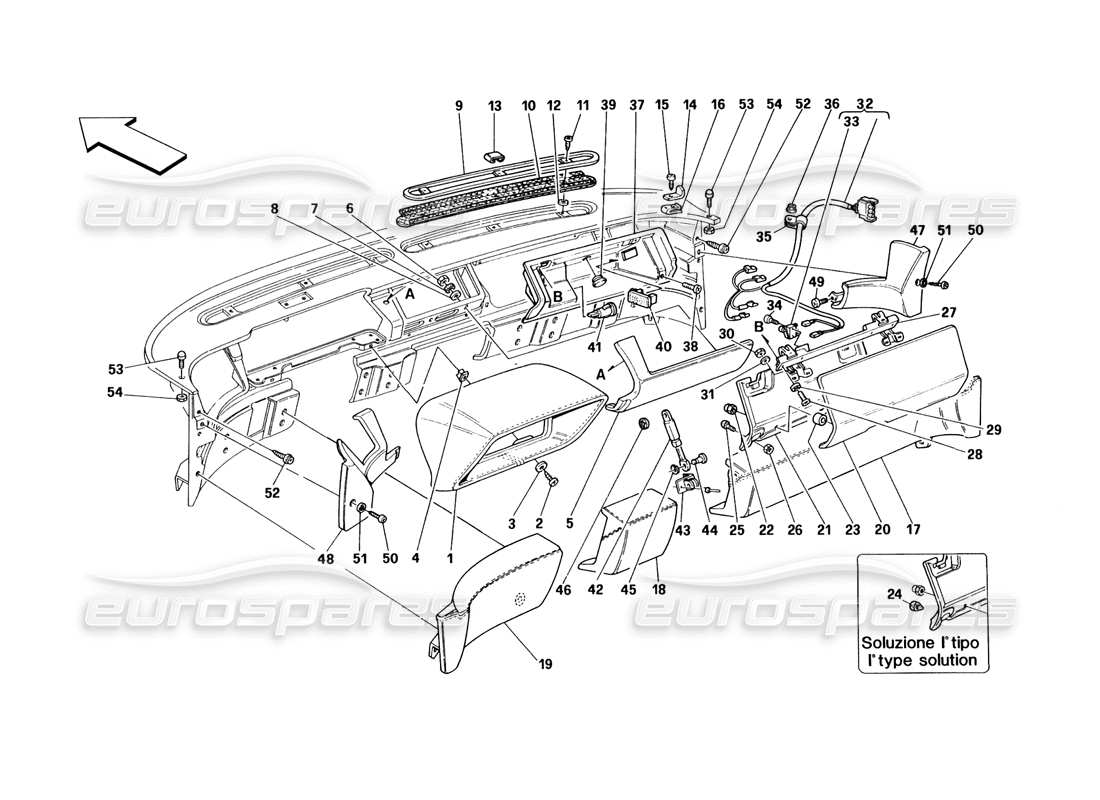 ferrari 348 (1993) tb / ts cruscotto: diagramma delle parti di finiture e accessori