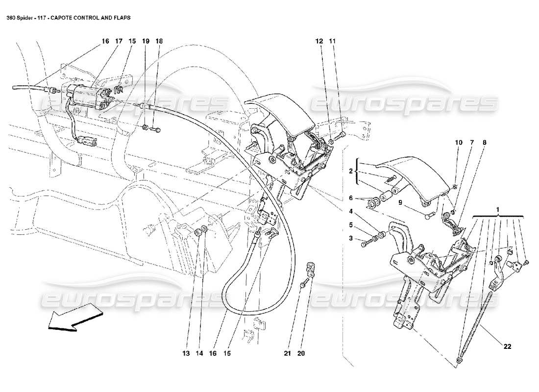 ferrari 360 spider diagramma delle parti del controllo della capote e dei flap