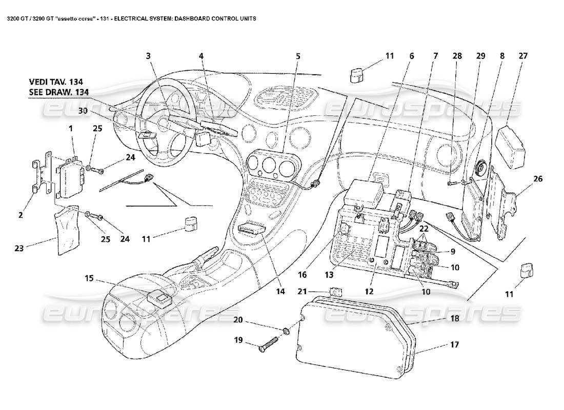 maserati 3200 gt/gta/assetto corsa elettrico: diagramma delle parti delle unità di controllo del cruscotto
