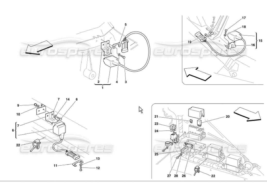 ferrari 360 modena schede elettriche dei vani anteriore e motore e diagramma delle parti dei sensori