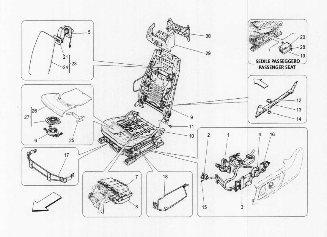 maserati qtp. v6 3.0 tds 275bhp 2017 sedili anteriori: meccanismi diagramma delle parti