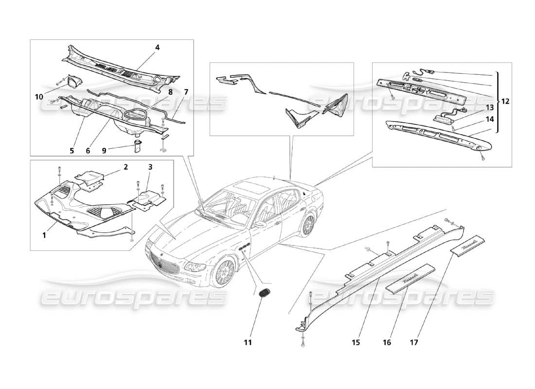 maserati qtp. (2003) 4.2 schema delle parti di scudi, modanature e coperture