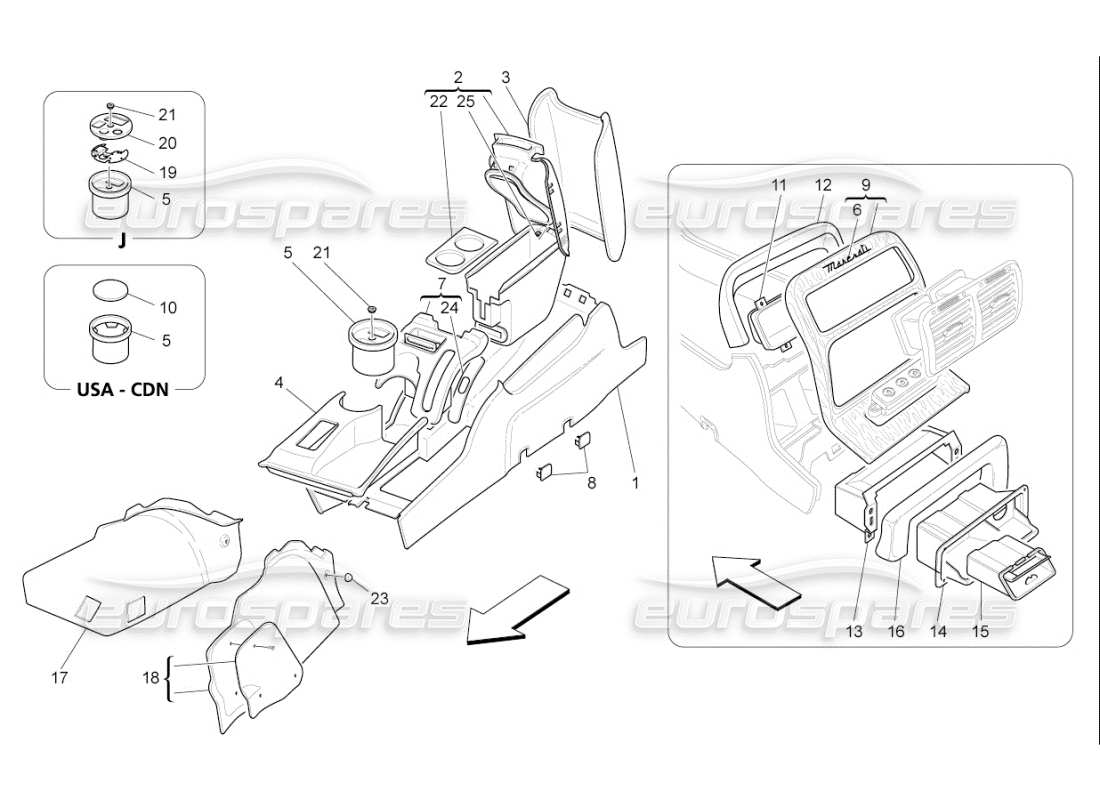 maserati qtp. (2007) 4.2 f1 schema delle parti della console accessoria e della console centrale