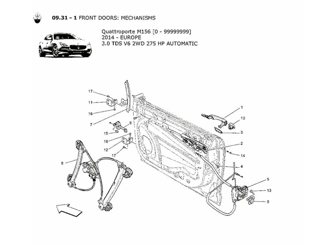 maserati qtp. v6 3.0 tds 275bhp 2014 porte anteriori: diagramma delle parti dei meccanismi