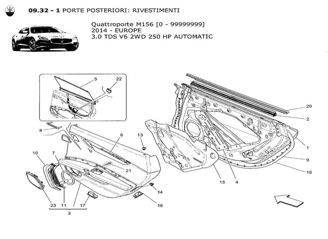 maserati qtp. v6 3.0 tds 250bhp 2014 porte posteriori: pannelli di rivestimento schema delle parti