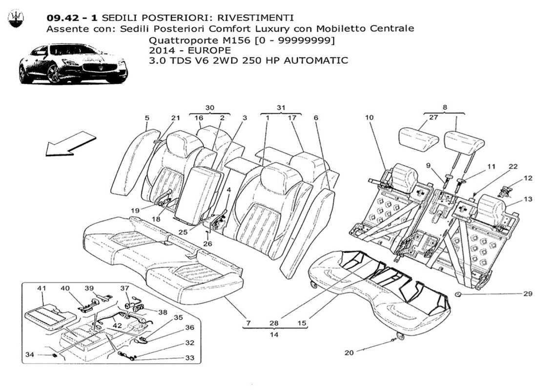 maserati qtp. v6 3.0 tds 250bhp 2014 sedili posteriori: schema delle parti dei pannelli di rivestimento