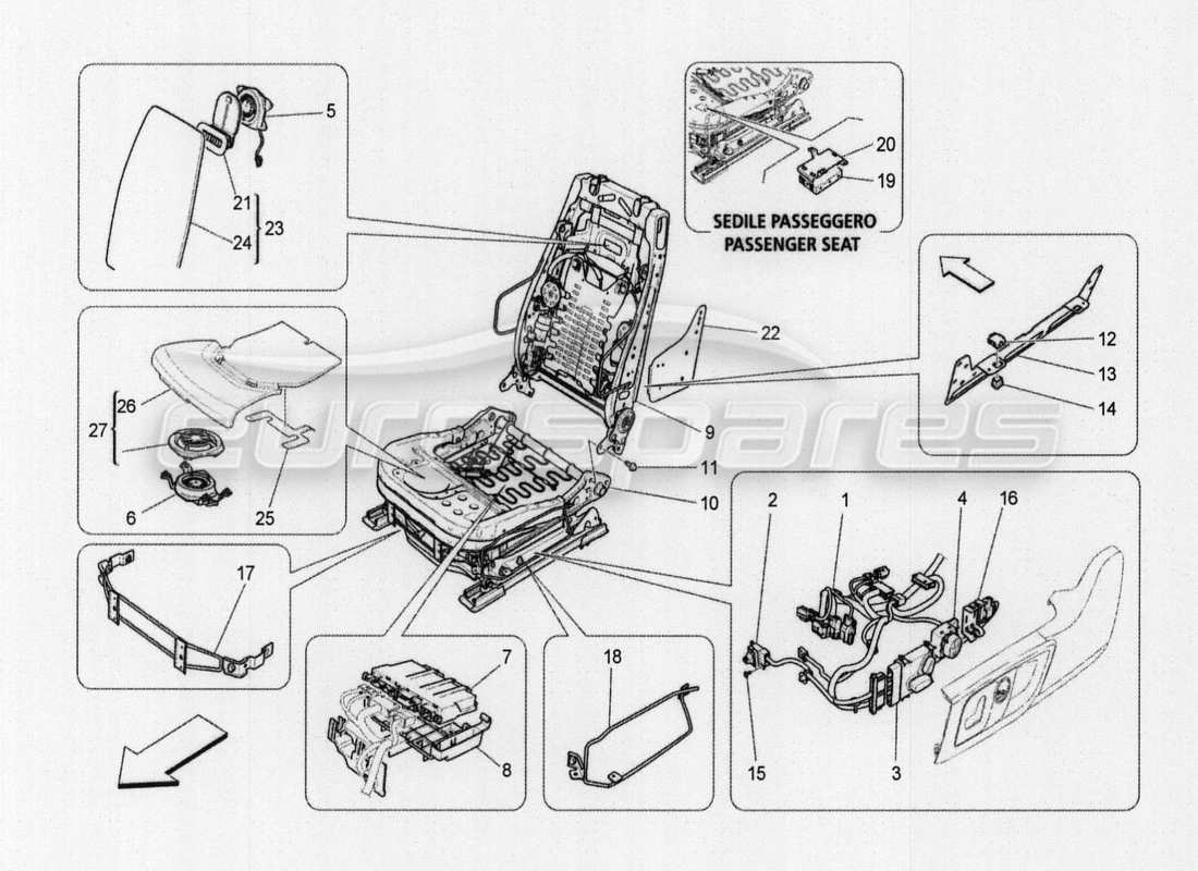 maserati qtp. v8 3.8 530bhp auto 2015 sedili anteriori: schema delle parti dei pannelli di rivestimento