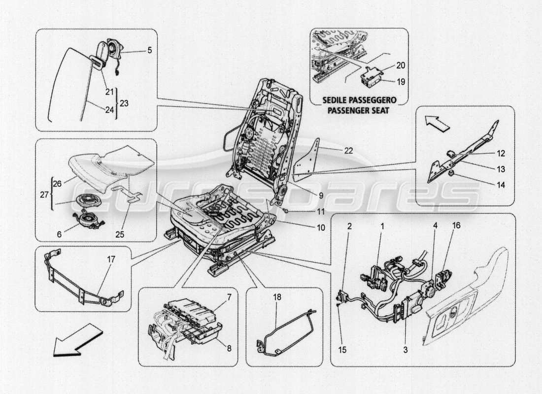 maserati qtp. v8 3.8 530bhp auto 2015 sedili anteriori: pannelli di rivestimento diagramma delle parti