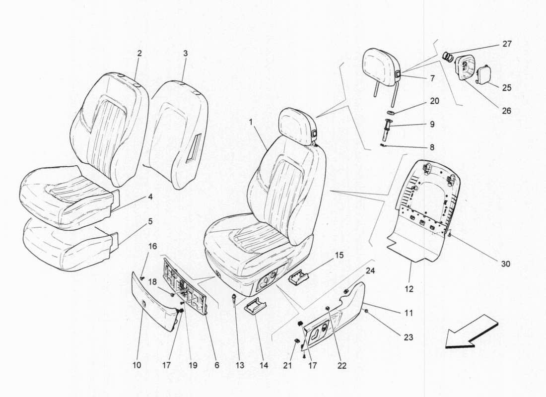 maserati qtp. v6 3.0 bt 410bhp 2015 diagramma delle parti dei sedili anteriori