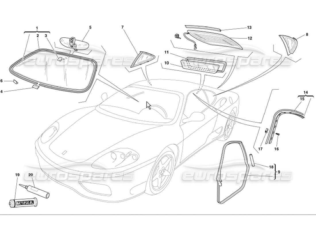 ferrari 360 modena vetri e guarnizioni diagramma delle parti