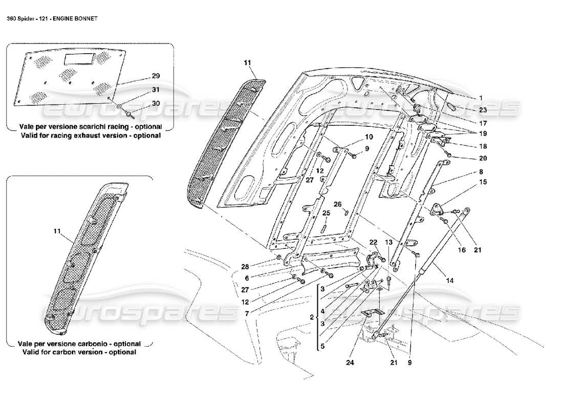 ferrari 360 spider diagramma delle parti del cofano motore