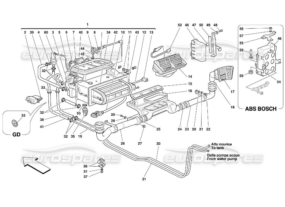 ferrari 355 (5.2 motronic) schema delle parti dell'unità evaporatore e dell'aerazione dell'abitacolo