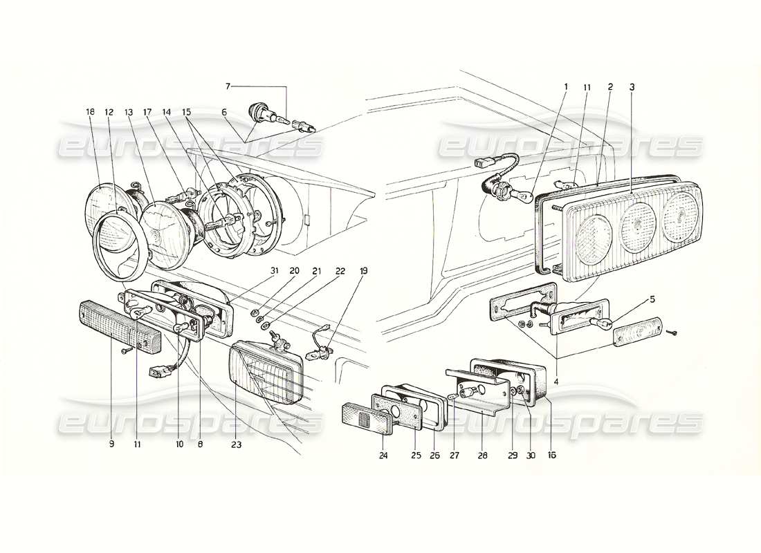 ferrari 308 gt4 dino (1976) luci diagramma delle parti