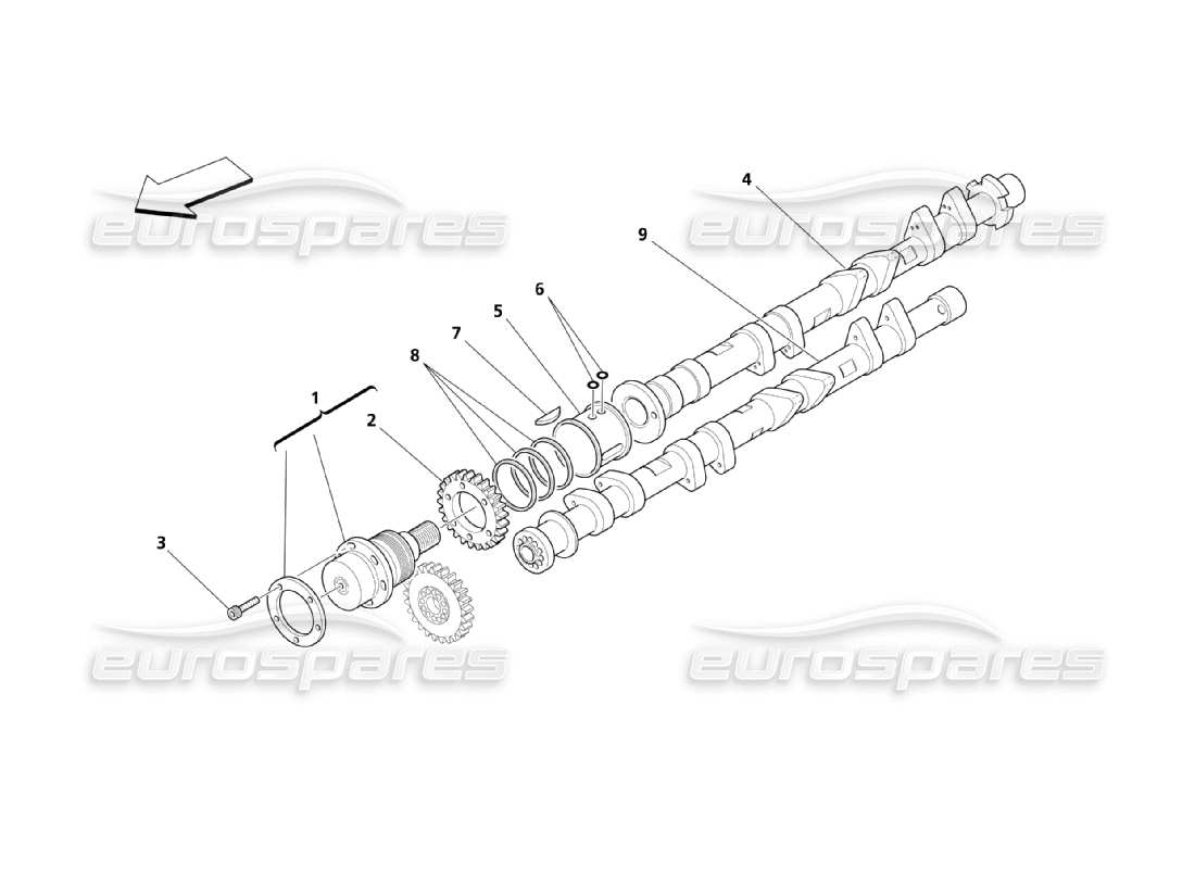 maserati qtp. (2003) 4.2 schema delle parti degli alberi a camme per la testata destra