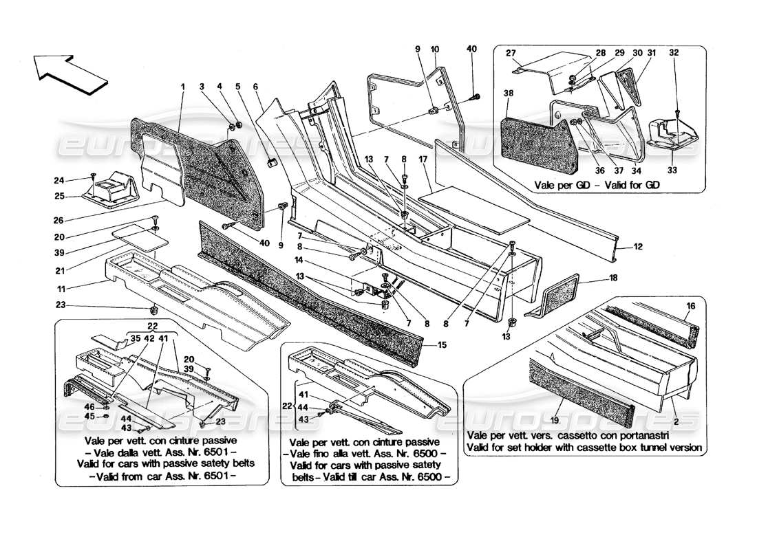 ferrari 348 (1993) tb / ts tunnel: diagramma delle parti della struttura e delle finiture