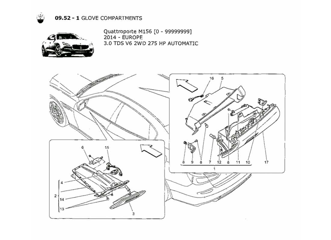 maserati qtp. v6 3.0 tds 275bhp 2014 diagramma delle parti dei vani portaoggetti