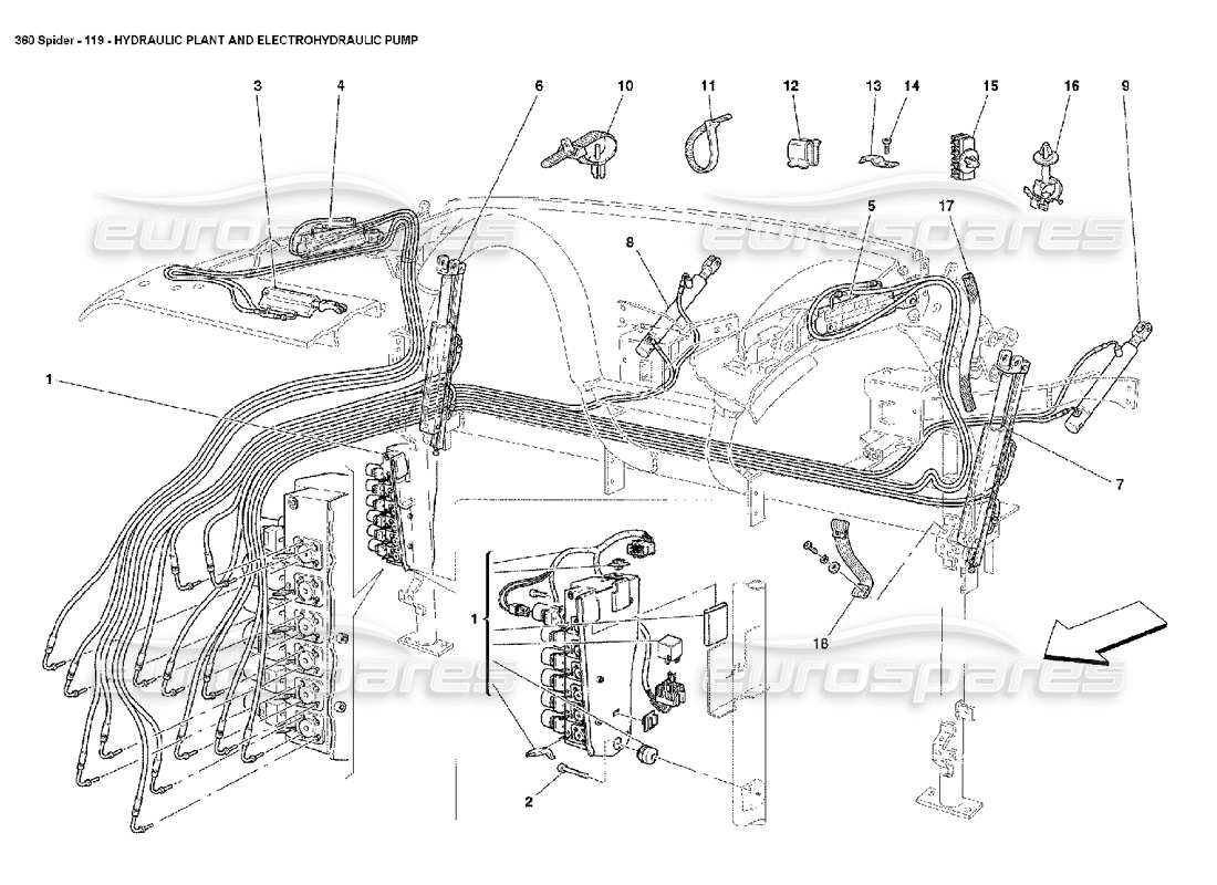 ferrari 360 spider impianto idraulico e pompa elettroidraulica diagramma delle parti