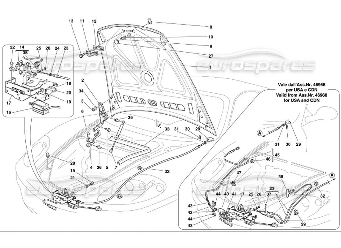 ferrari 360 modena schema delle parti del cofano anteriore e del dispositivo di apertura