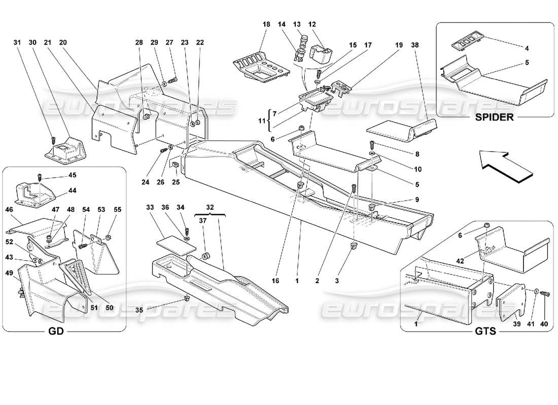 ferrari 355 (2.7 motronic) tunnel - diagramma delle parti della struttura e degli accessori