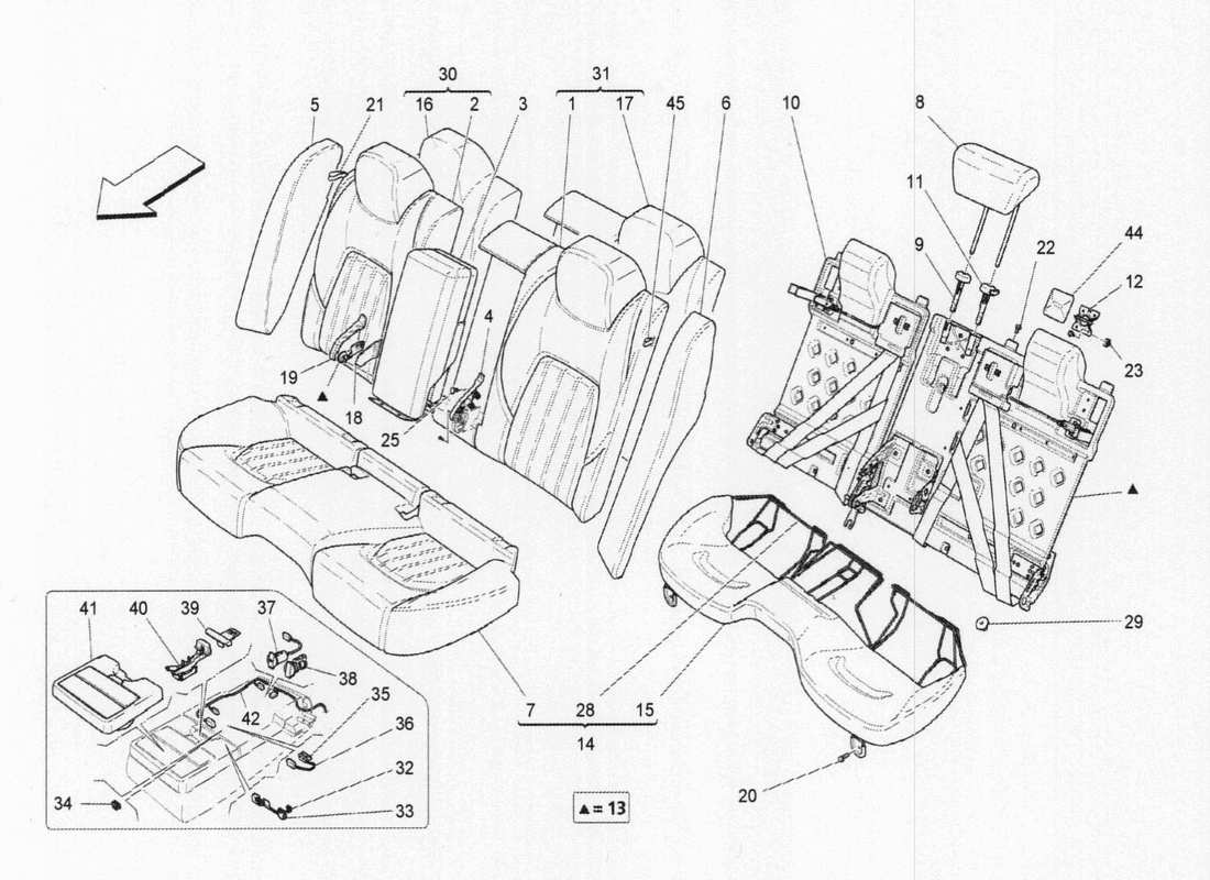 maserati qtp. v6 3.0 tds 275bhp 2017 sedili posteriori: schema delle parti dei pannelli di rivestimento