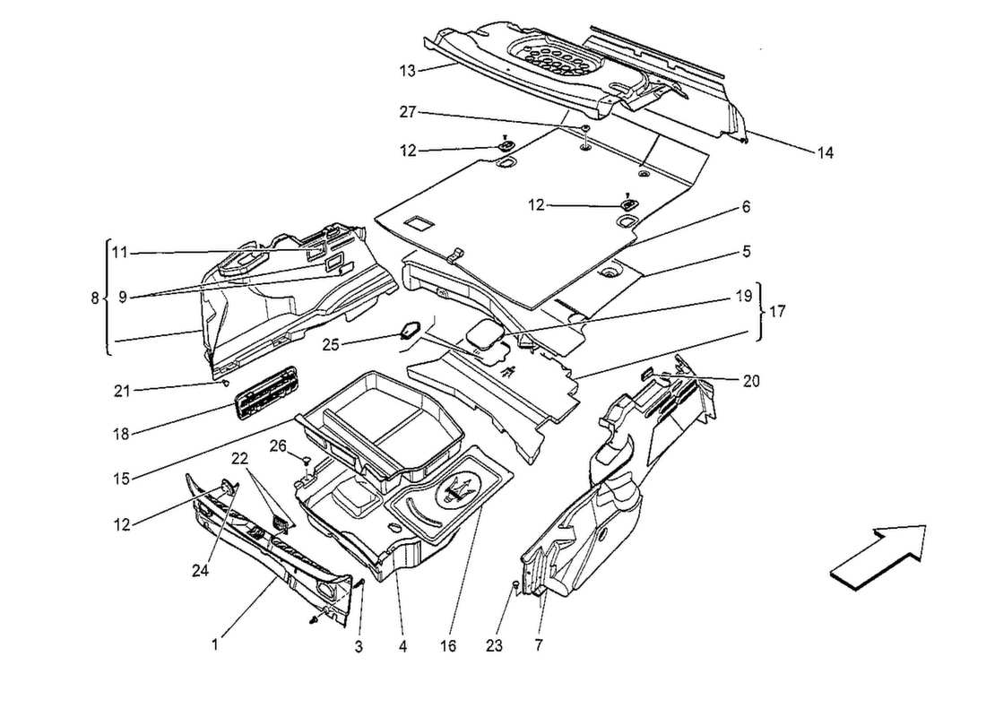 maserati qtp. v8 3.8 530bhp 2014 diagramma delle parti dei tappetini del vano bagagli