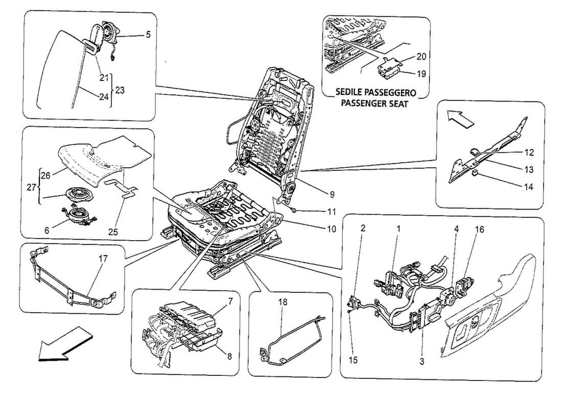 maserati qtp. v8 3.8 530bhp 2014 sedili anteriori: diagramma delle parti meccaniche ed elettroniche