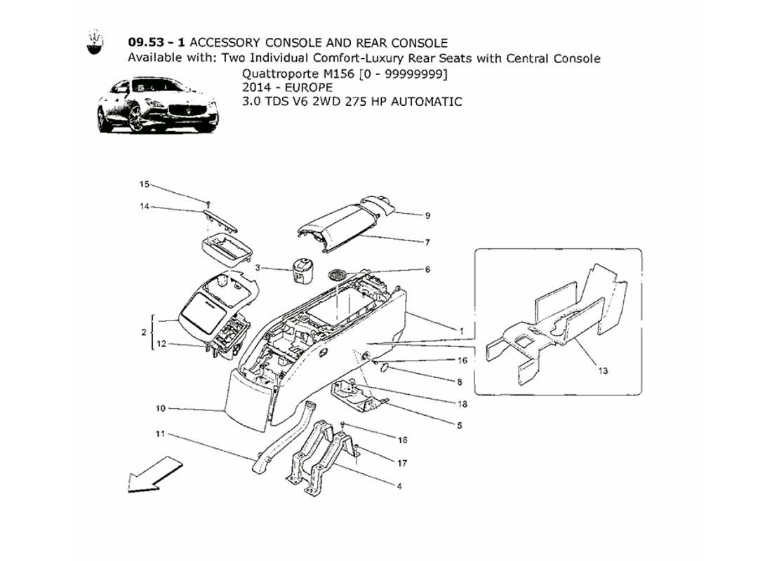 maserati qtp. v6 3.0 tds 275bhp 2014 console accessori e console posteriore schema delle parti