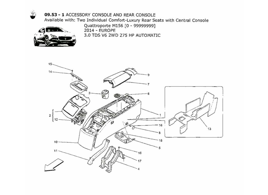 maserati qtp. v6 3.0 tds 275bhp 2014 console accessori e console posteriore schema delle parti