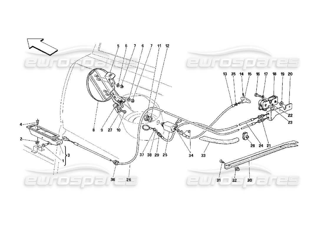 ferrari 348 (2.7 motronic) schema delle parti dei dispositivi di apertura del cofano posteriore e della porta del gas