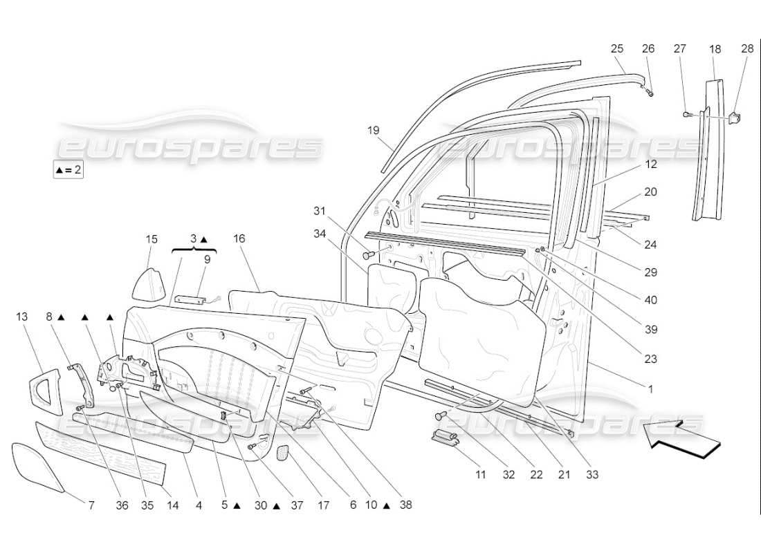 maserati qtp. (2009) 4.7 auto porte anteriori: diagramma delle parti dei pannelli di rivestimento